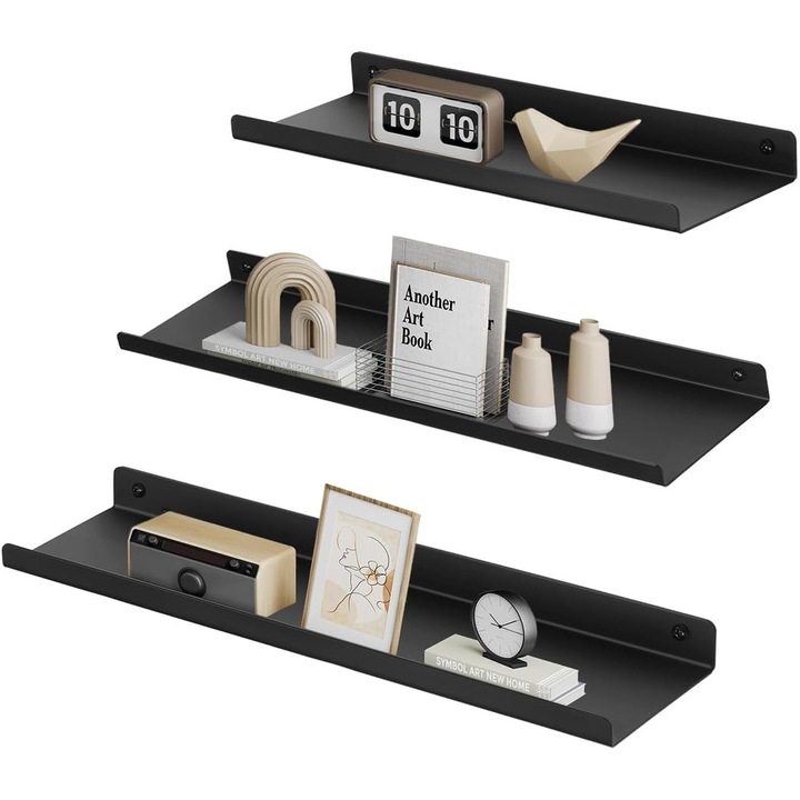 Set de 3 rafturi de perete, SongmicsbySongmicshome, industrial, metalice, suspendate, negre, 3 bucati, vopsite in camp electrostatic, capacitate de incarcare 5 kg per raft, cu suruburi de montare si