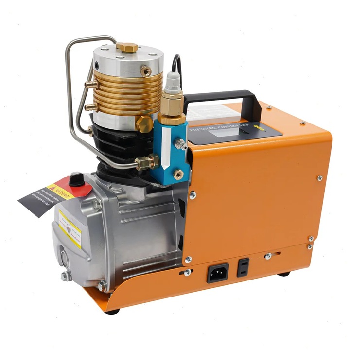 Nagy nyomású légkompresszor, PCP pumpa, 220V/50Hz, 1,8 kW, 100 L/perc, automatikus leállítás, PCP/búvárpalack/paintball célra, Sárga