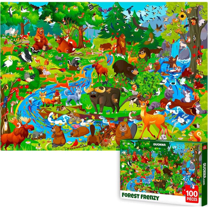 Oktató puzzle gyerekeknek, QUOKKA, 100 darab, 41x30 cm, erdei állatok, vastag karton, tárolódoboz