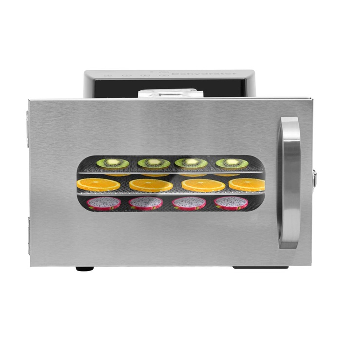 Deshidrator alimente, uscator fructe din inox, 6 niveluri, temperatura 30–90 °C, timer 24 h, argintiu