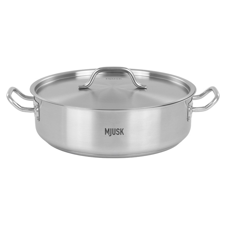 Oala inox profesionala cu capac, MJUSK, 11, 2L, 36 cm, otel inoxidabil, fund triplu, oala horeca pentru gatit intensiv, toate tipurile de aragaz, inox
