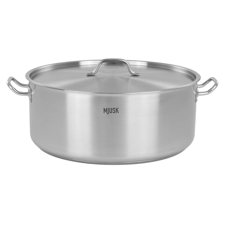 Oala inox profesionala cu capac, MJUSK, 39, 3L, 50 cm, otel inoxidabil, fund triplu, oala horeca mare pentru restaurante, catering, inductie, gaz, electric si vitroceramic, inox