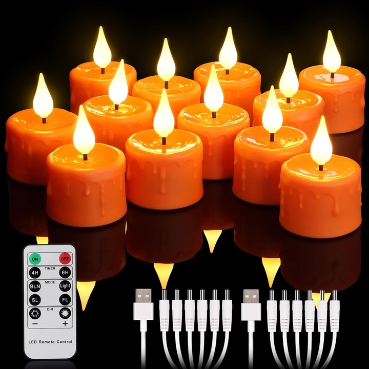 LED Gyertyák, Yunsheng, 12 darabos szett, Újratölthető, USB töltés, 3D vibráló láng, Távirányítóval, Időzítővel, Narancssárga