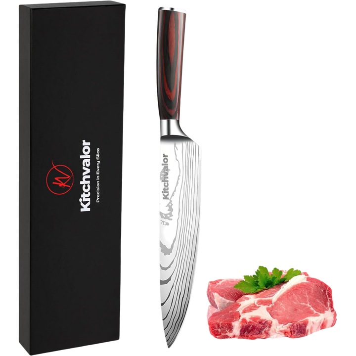 Kitchvalor japán szakácskés, 20,5 cm, magas széntartalmú rozsdamentes acél, kalapált penge, üreges köszörülés, pakkafa nyél, full tang, tokkal, dobozban