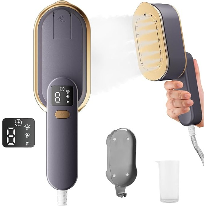 Aparat de Calcat Vertical cu Abur SteamGlow, 2 in 1 Calcare Orizontala si Verticala, Maner Rotativ la 180 Grade, Incalzire Rapida, Portabil si Pliabil pentru Calatorii, Rezervor de Apa, Protectie la Supraincalzire, Mov