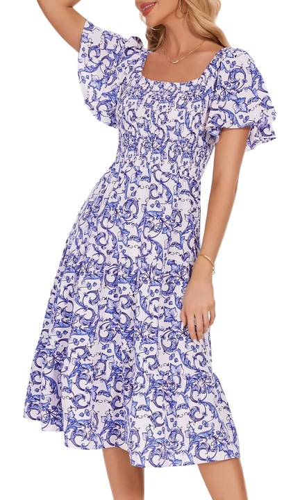 Női koktél midi ruha, Bbonlinedress, boho, M, poliészter, fehér, virágmintás, puffos ujjak, midi hosszúságú, de