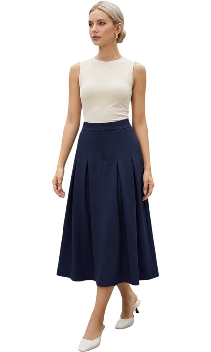 Női pliszírozott midi szoknya, Reoria, pliszírozott, midi, 60% viszkóz, 35% nylon, 5% spandex, tengerészkék, gumírozott derékkal és oldalzsebekkel