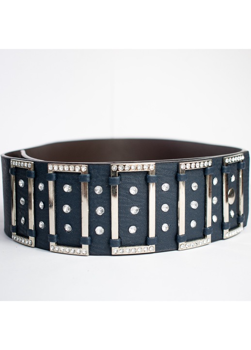 Női nadrágszíj, Nikcorp, 110 cm, 6 cm széles, glamour, boho glam, PVC bőr, sötétkék, csattal