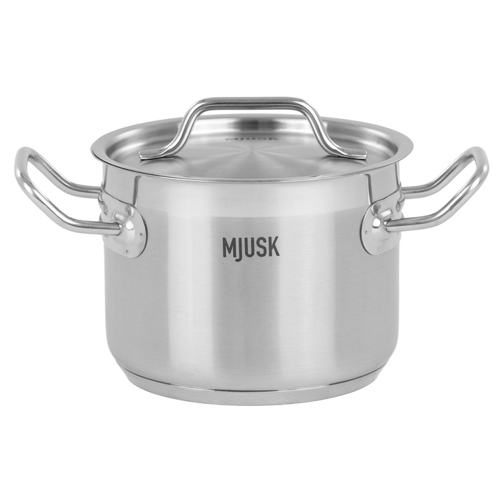 Oala mica inox cu capac, MJUSK, 2, 4L, 16 cm, otel inoxidabil, fund triplu, oala profesionala bucatarie, inductie, gaz, electric si vitroceramic, inox