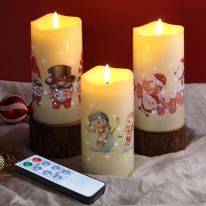 LED gyertyák, Eywamage, 3 darabos szett, 10-15 cm, távirányítóval, karácsonyi, Mikulás és hóember motívummal, vízálló, szélálló, fehér, műanyag, CR2025 elem