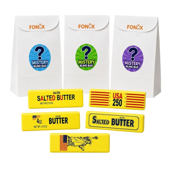 Комплект от 3 мистериозни торбички FONIX със Squishy Butter USA, антистрес играчка Slow Rising от PU, изненадващ модел, ултра мека и фина текстура, приятен аромат, Fidget Toy за деца и възрастни, релаксиращ подарък, антистрес, 13 см, мистериозен цвят