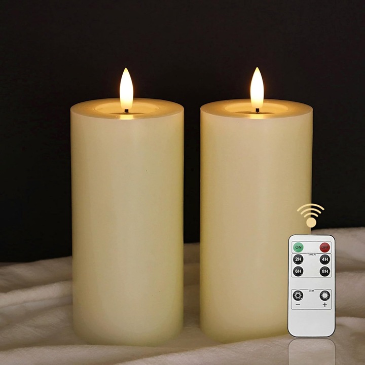 LED dekoratív gyertya, LUCOZA, 2 darabos szett, 15 cm, természetes viaszból, 3D hatás, távirányítóval, időzítővel, szabályozható fényerősség