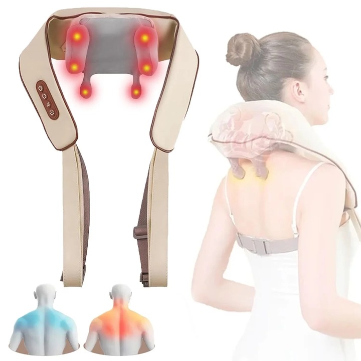 Aparat de Masaj Cervical 6D Vivendo, 6 Capete Silicon, Incalzire, Vibromasaj, 3 Intensitati, 3 Tehnici, 45 dB, 25W, 1200 mAh, USB Type-c, Pliabil, Gat Umeri Spate Picioare, Masajer Electric Relaxare