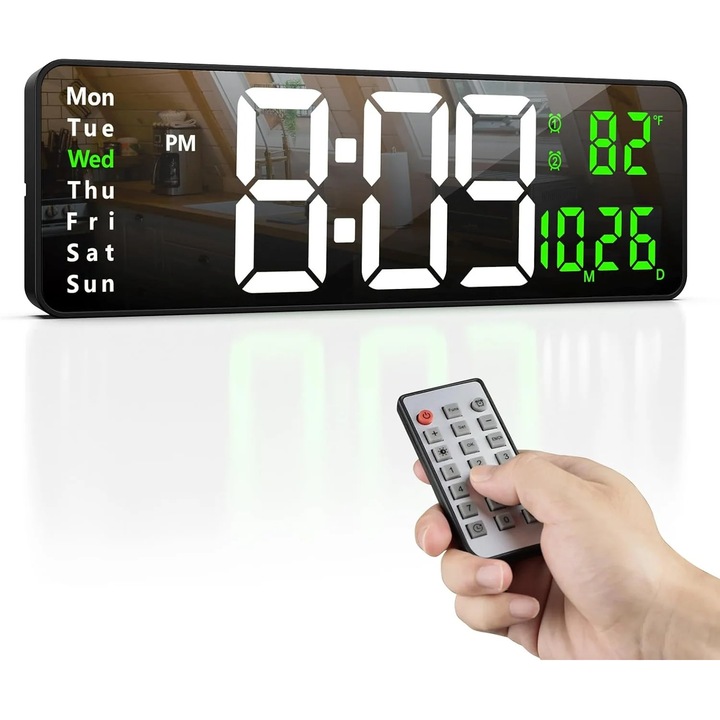Vivendo LED Digitális Falióra, 38.7x13x3.2cm, Nagy 16.2 hüvelykes Kijelző, 12h/24h Időformátum, Dátum, Hőmérséklet °C, Hét Napja, Dupla Ébresztő, Távirányító Mellékelve, Állítható Fényerő, CR2032 Tartalék Akkumulátor, LED Óra Nappali Iroda