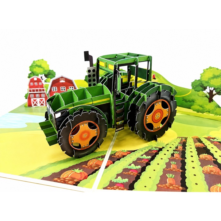 Felicitare 3D pop-up cu tractor verde, ferma si peisaj rural, felicitare decorativa pentru zi de nastere, cu plic alb, REMOtech