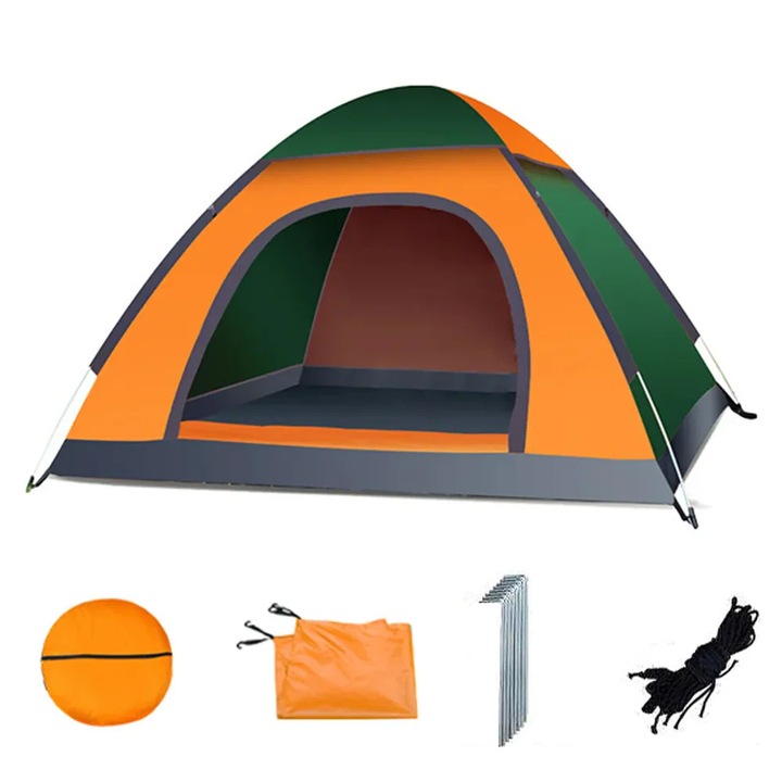Cort Camping Pop-up Vivendo, Poliester 180T Anti UV, 200x200x110cm, 3-4 Persoane, Rezistenta Apa 210D, Protectie UV 95%, Deschidere Automata 2 Secunde, 2 Usi, Fibra Sticla, 8 Cuie, Cort Instantaneu Impermeabil, Portocaliu