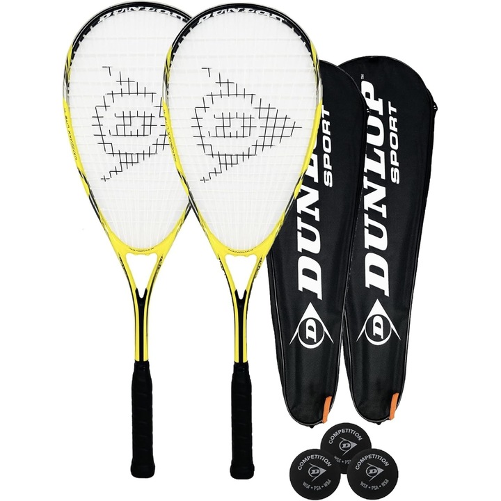 Squash ütők, Dunlop, Nanomax Ti, 2 darabos szett, huzatokkal, 327 cm², 16 x 18 Powermax húrkiosztás, egyensúly