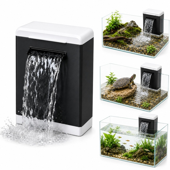 Filtru acvariu broaste testoase, filtru cascada cu UV-C, 600 L/h, pentru pesti si testoase cu functionare la nivel scazut al apei, minim 3 cm adancimea apei