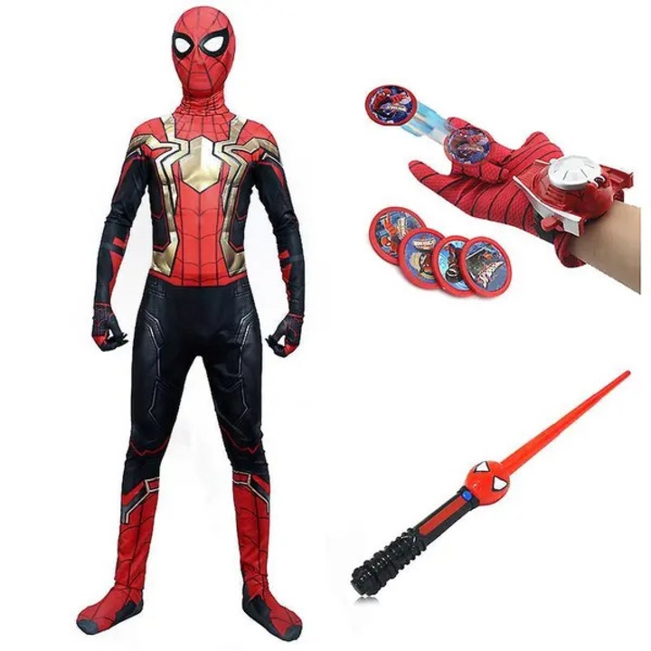 Costum copii Spiderman, marime L 130cm, material elastic, accesorii incluse
