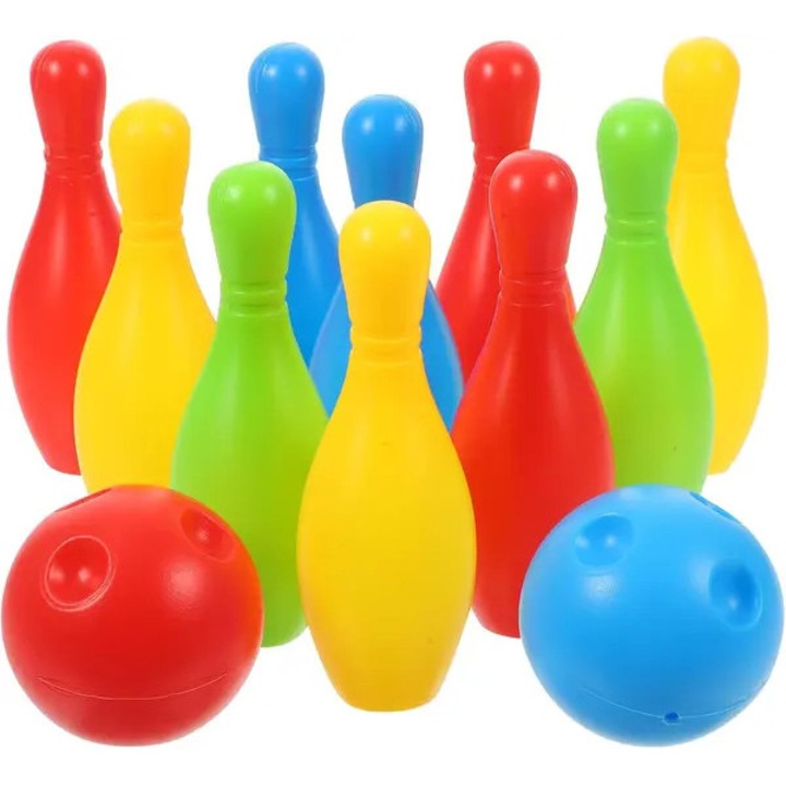 Set bowling copii mini, 10 popice, 2 bile, 11x4x4cm, colorat