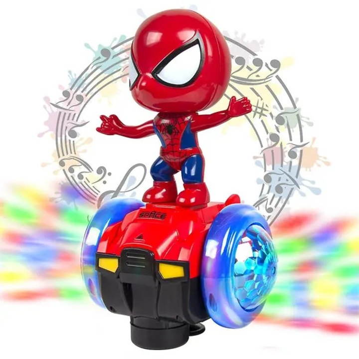 Jucarie robot rotativ Spiderman emag-FYN-K0206-260821-2098, rotire 360°, lumina LED si sunet, roti luminoase, rosu/albastru