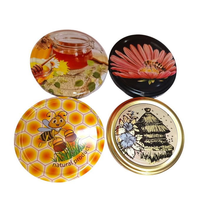 Set 50 capace metalice cu filet pentru borcane, FI 82 mm, model miere de albine