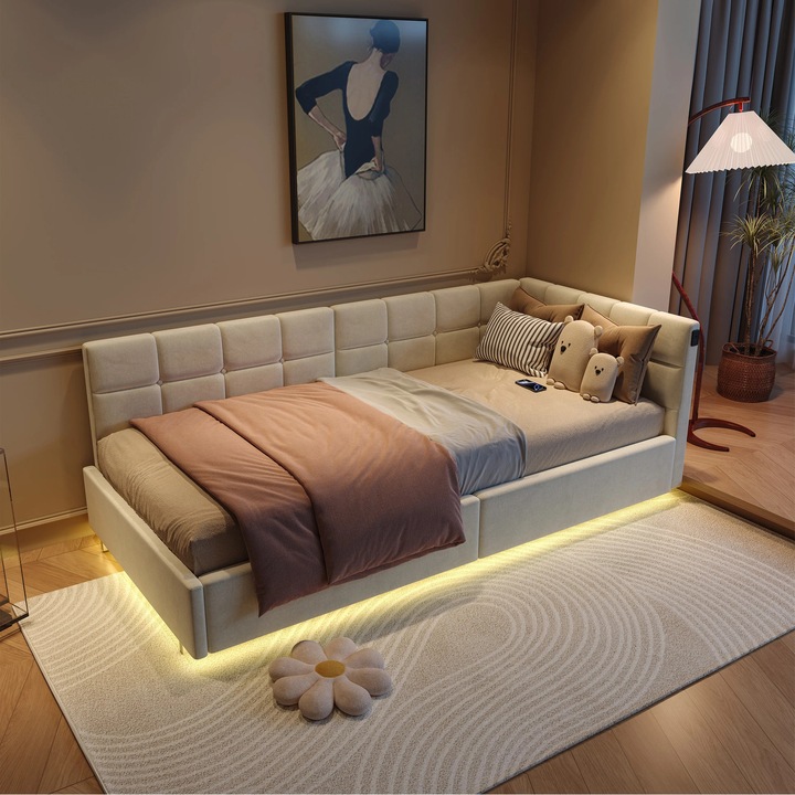 Ágy tárolóval, Egyszemélyes ágy 90x200 cm, Hidraulikus emelés, LED világítás és USB, Kárpitozott bársony, Bézs