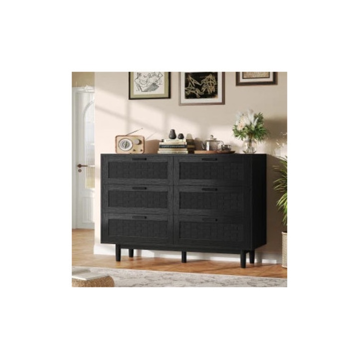 Rattan komód, Tárolószekrény 6 fiókkal, Modern stílus, Fa keret, Nappaliba/előszobába/hálószobába, Összeszerelést igényel, Fekete