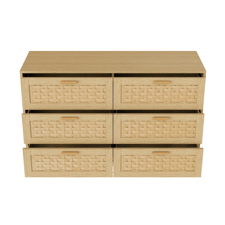 Rattan tárolóbútor, Komód/Tálalószekrény 6 fiókkal, Modern stílus, Fa keret, Összeszerelést igényel, Nappaliba/Előszobába/Hálószobába, Tölgy