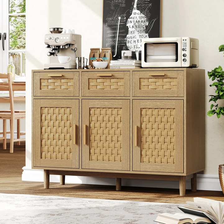 Rattan tárolószekrény, Konyhaszekrény/Tálaló, 3 fiók, Tömör fa, Fém fogantyúk, Összeszerelés szükséges, Tölgy