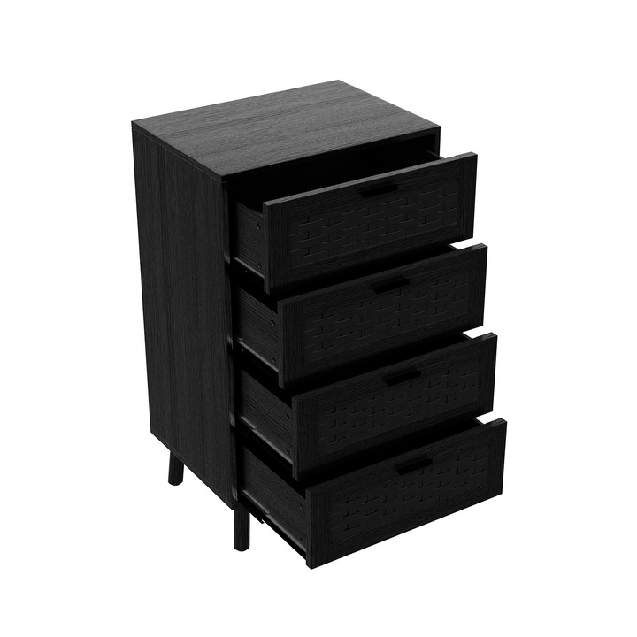 Komód, 4 fiókos, rattan hatású, gumifa lábak, MDF, 50x40x95 cm, fekete
