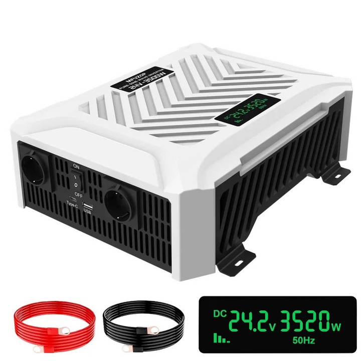 Инвертор/Конвертор DC/AC, PSW-E3500W, 24V към 230V, 3500W чиста синусоида, 7000W пикова мощност, EU контакт, ефективност 91%, защита от прегряване