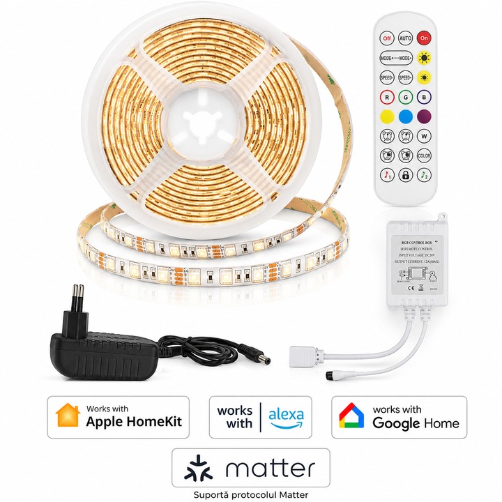 Kit Banda LED 5050 RGBIC, WIFI, Compatibil cuApple HomeKit si Google Home, IP20 Interior, Control Tuya App, Telecomanda 24 Taste, RGBIC, 5 metri 60 LED/m, Schimbare Culori Pe Ritmul Muzicii