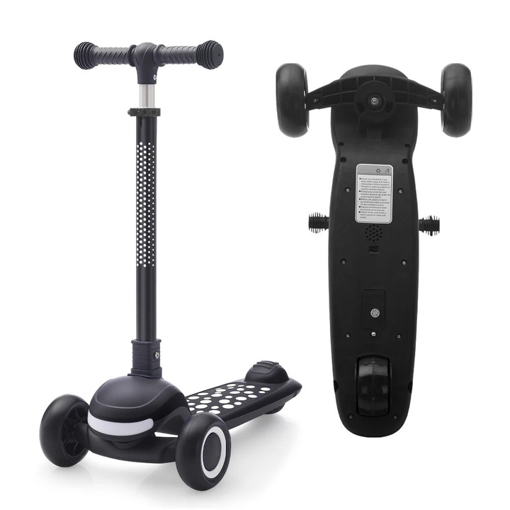 Gyermek roller, Kick Scooter 3 kerékkel, 4 állítható magassági szint, LED-es kerekek, Hátsó kerékfék, 3–6 éveseknek, Fekete
