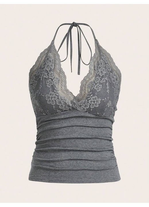 Top dama scurt Y2K cu prindere dupa gat si dantela decorativa, marime L, culoare gri