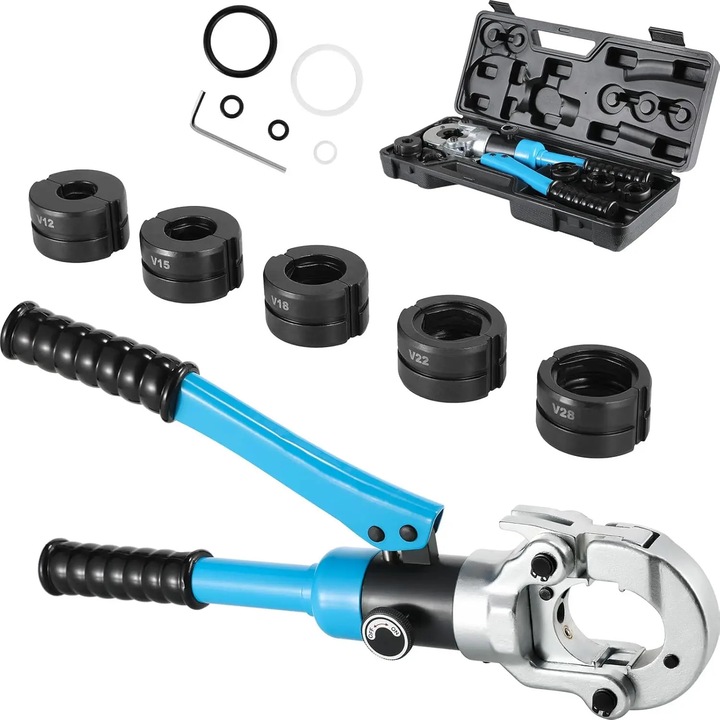 Presa hidraulica pentru tevi, Cleste de sertizat profil V, set 12/15/18/22/28 mm, cap rotativ 360°, pentru tevi din cupru si inox, Albastru
