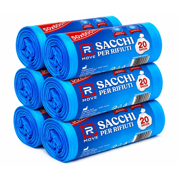 6 tekercs szemeteszsák készlet, RMove, 120 darab (6 tekercs x 20 zsák), 30 liter, cseppmentes és ellenálló, 50x60 cm, kék