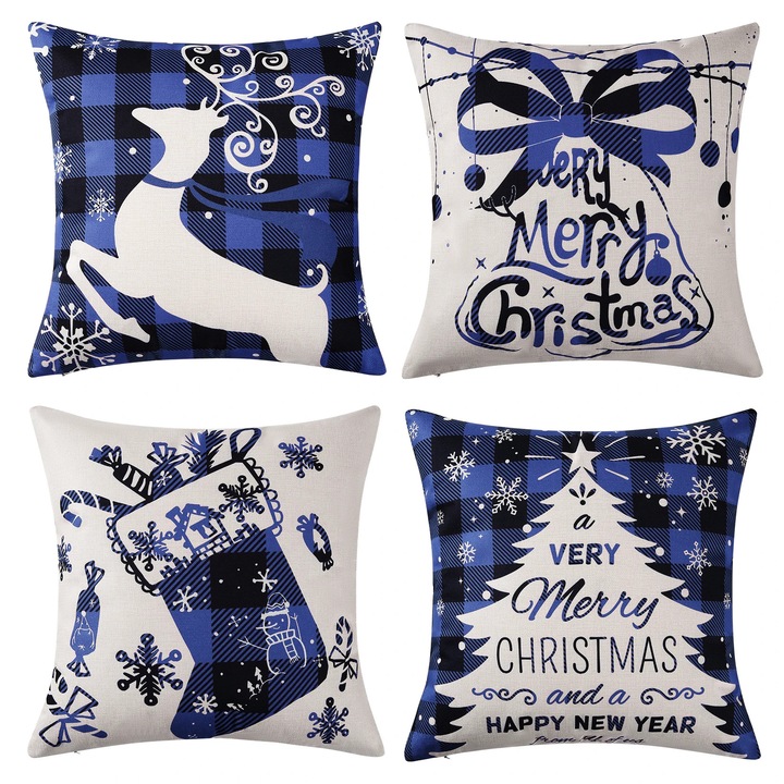 Fete de perna de Craciun, Huse pentru perne decorative, 45x45 cm, set 4 buc, in/bumbac, patrate, motiv animal imprimat