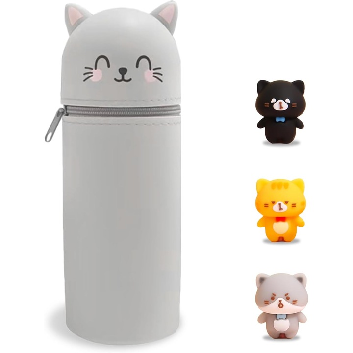 Kawaii tolltartó, Szürke macska, Szilikon, Puha, Fém cipzár, 19, 5