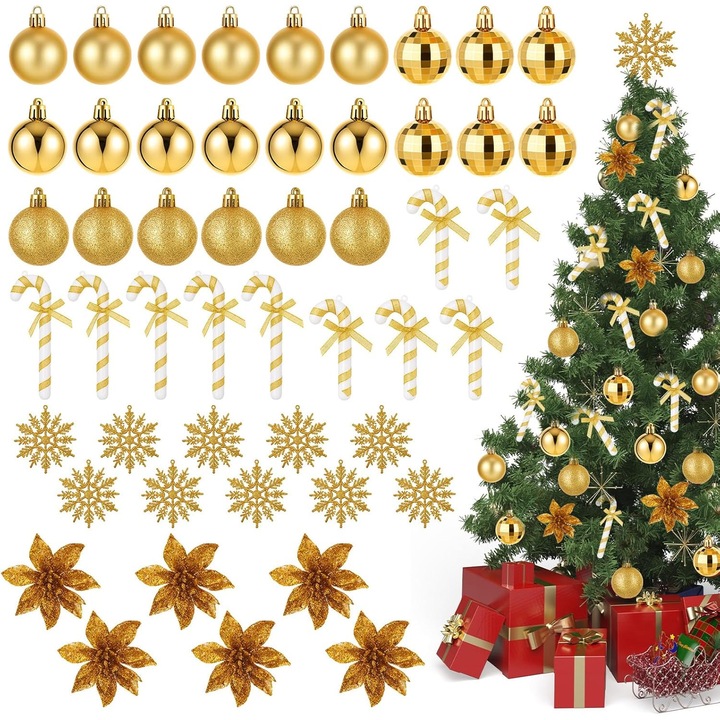 Harrycle karácsonyfa díszítő szett, 50 darabos, gömbök, hópelyhek, cukorkabotok, karácsonyfa virágok, arany, műanyag, textil, beltéri és