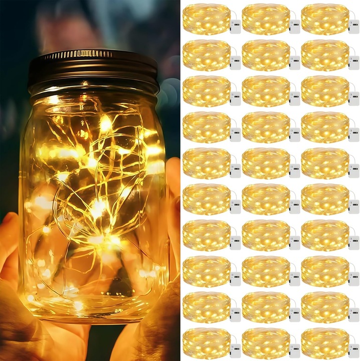 Mikro LED fényfüzér, REDKNOT, 2 m, 30 dióda, elemmel működő, meleg fehér, rugalmas ezüst ötvözet huzal