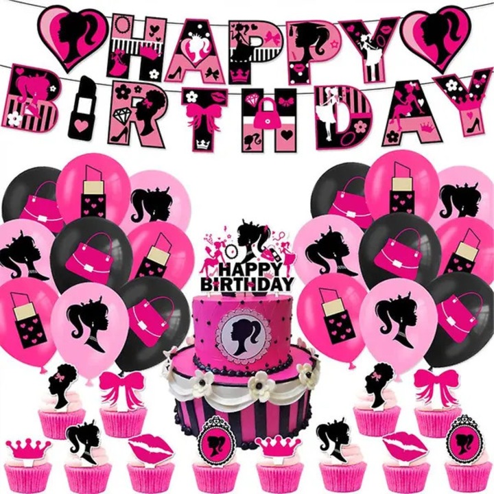 Set decoratiuni petrecere aniversare Barbie roz, baloane, banner, 31 piese