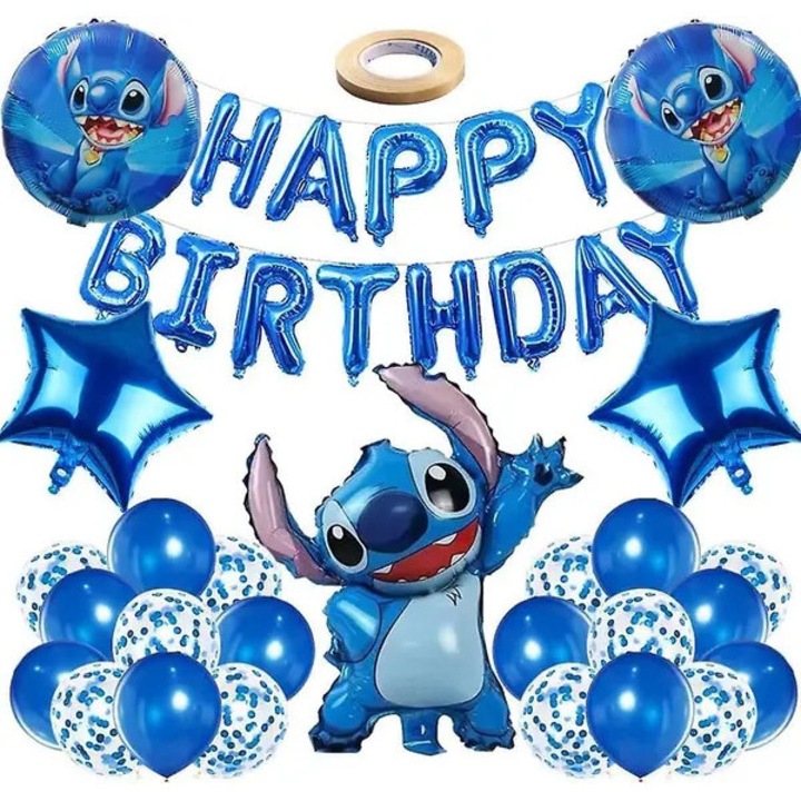 Комплект декорации за парти балони Lilo & Stitch, фолиев банер 'Happy Birthday', фолиеви и латексови балони, син, 1× балон Stitch 71 см, 4× фолиеви балони 45 см, 10× сини латексови балони, 10× балони с конфети