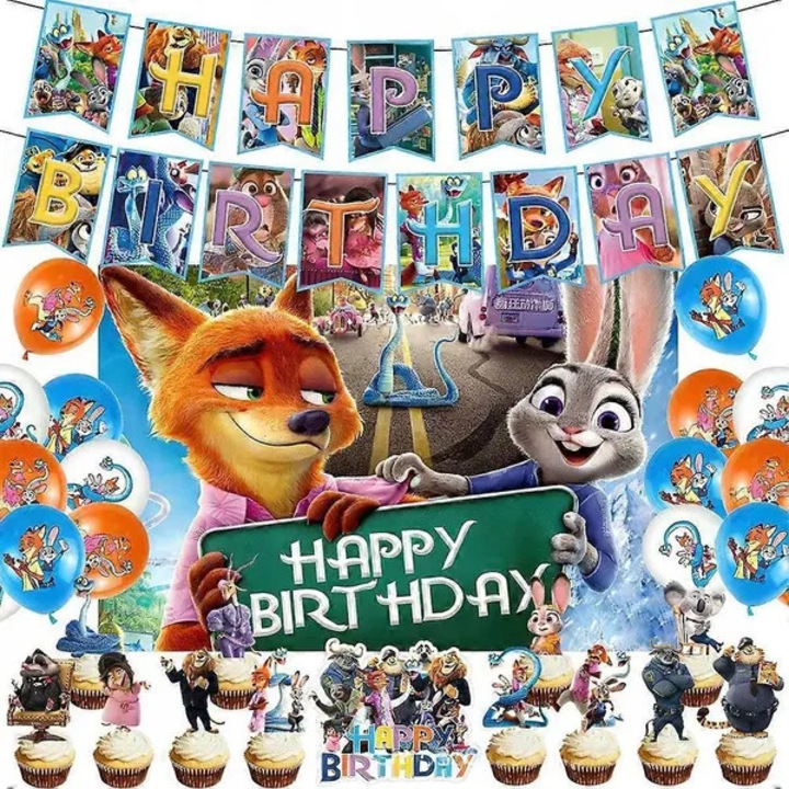 Zootopia partidekorációs szett, többszínű, 1 banner, 24 tortadekoráció, 18 léggömb, 6 spirál