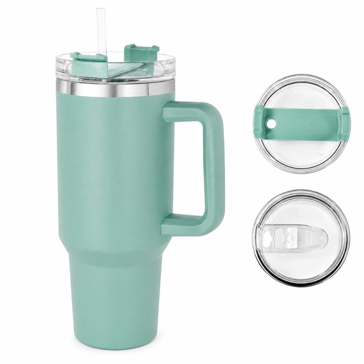 Cana termos, Capacitate 1.2L, Capac etans cu pai, Mentine rece 34h si cald 12h, Compatibila masina spalat vase, 1.2L, Otel inoxidabil, Turcoaz