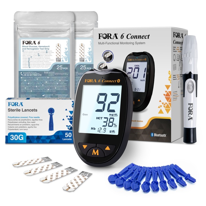 Glucometru FORA 6 cu Bluetooth, cu 50 bandelete de testare glicemie, hematocrit, hemoglobina si 50 ace