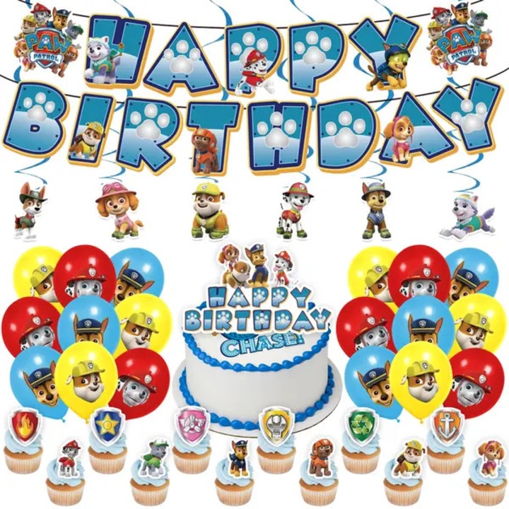 Комплект декорации за парти Paw Patrol, пълен комплект Happy Birthday с банер, латексови и фолиеви балони, топери за кексчета и торта, многоцветен, STALVA-CJ-K0502-20260825-1525