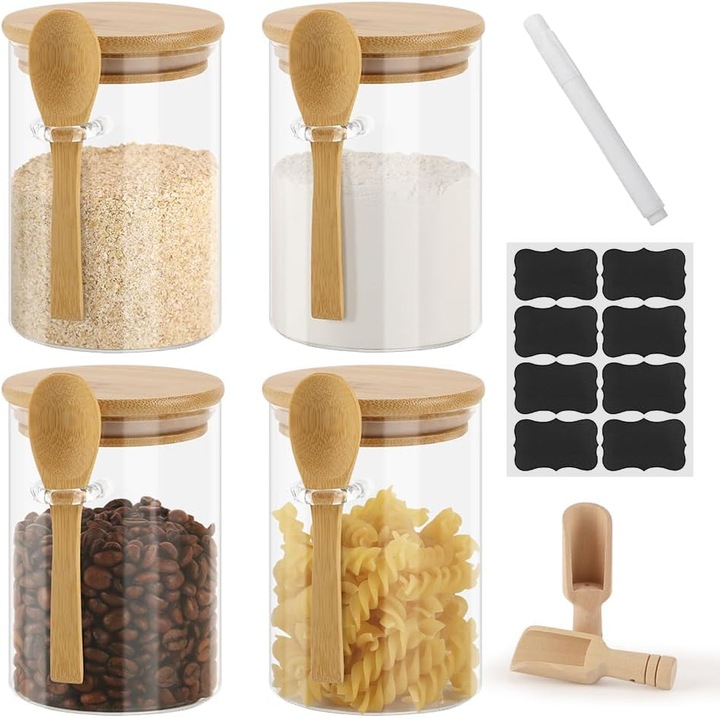 Set 4 recipiente depozitare alimente din sticla, 650 ml, cu capac ermetic, etichete si lingurita din bambus, recipiente pentru depozitare alimente, condimente, cafea, miere, cereale si ovaz peste noapte, Transparent