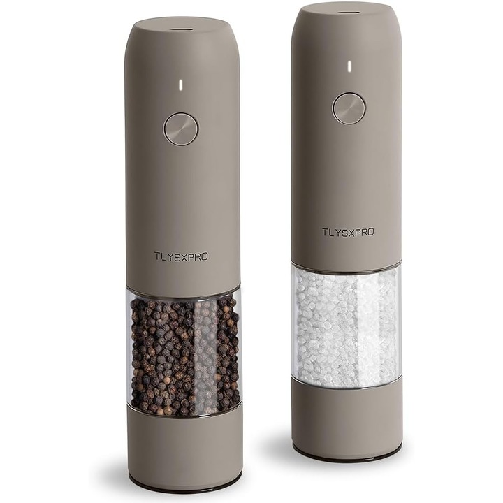 2 db TLYSXPRO elektromos daráló készlet, USB-C újratölthető, 6 őrlési szint, LED, kerámia, Greige szín