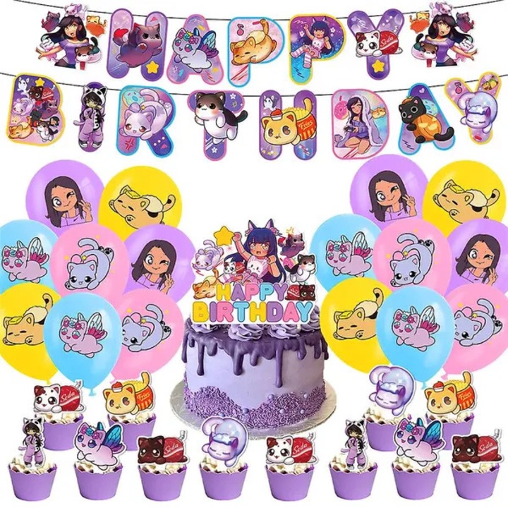 Set accesorii petrecere tema Aphmau, baloane latex, decoratiuni tort, banner, multicolor